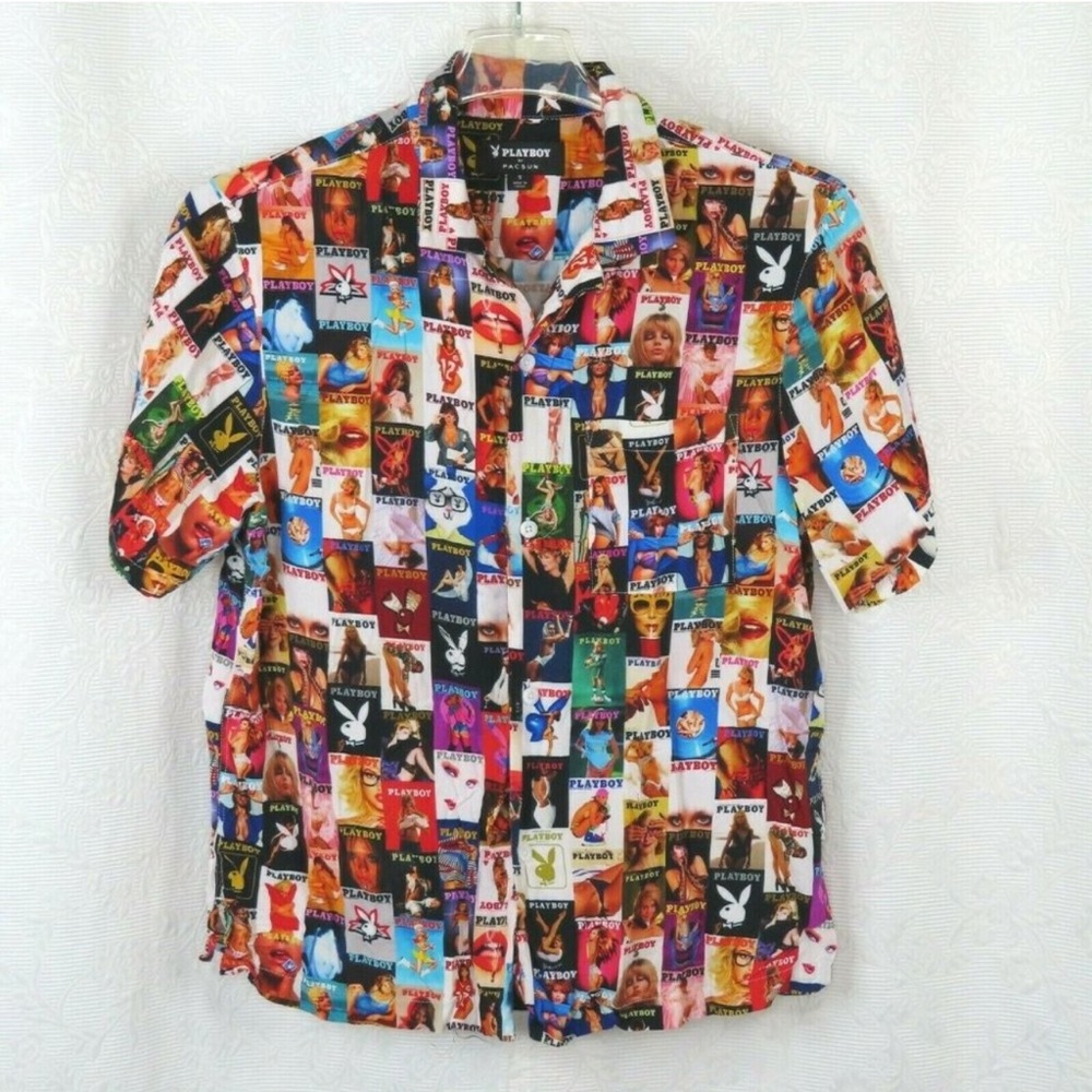 Playboy By PacSun Cover Collage Centerfold Camp Shirt Button Front Mens Small